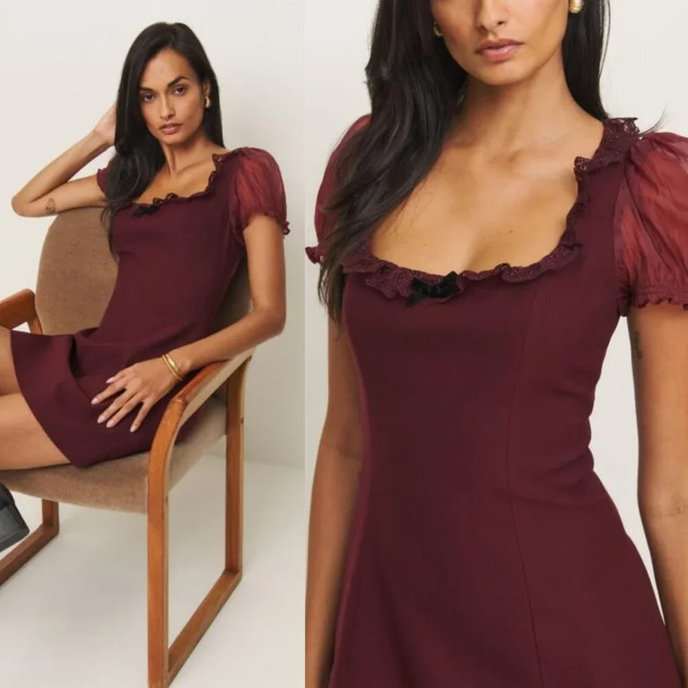 Reformation Kasey Musgraves Bunny Mini Dress Chianti Red Bow Puff‎ Sleeve Size 6